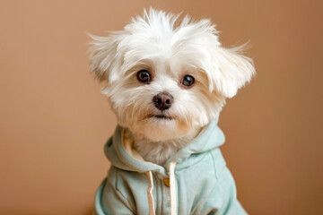 Poster - A small white dog wearing a blue hoodie