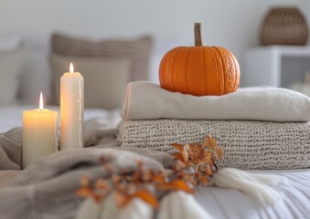 Cozy autumn interior ith pumpkin and candles. Fall aesthetic.