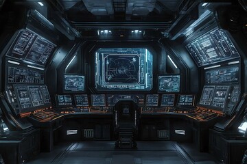 Poster - Futuristic spaceship bridge with a large screen displaying a radar system and numerous smaller screens with technical data.