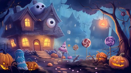 A whimsical Halloween scene featuring pumpkins, a house under a starry night sky, with a moon casting light over a cartoon landscape, surrounded by trees and a blue atmosphere