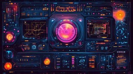 Poster - Futuristic technology interface with glowing neon displays, buttons, and screens.