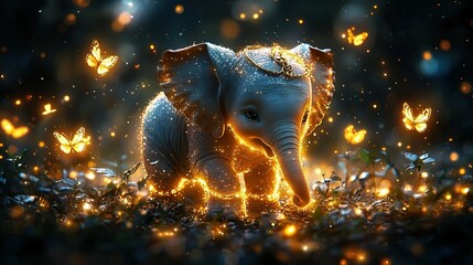 Sticker -   Elephant in grassy field surrounded by butterflies, with bright light emanating from its trunk