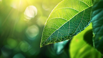 Wall Mural - green leaf illuminated by the warm sunlight. the intricate veins and texture of the leaf are beautif
