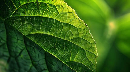 Wall Mural - close-up of a vibrant green leaf with intricate vein patterns, showcasing the beauty of nature's det