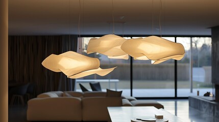 Poster - Modern Chandelier with a unique design hangs in a contemporary living room, providing warm and ambient lighting.