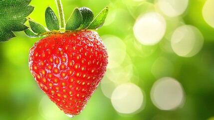 Wall Mural -   A close-up of a strawberry on a branch with a blurry background of green leaves and bokeh of light