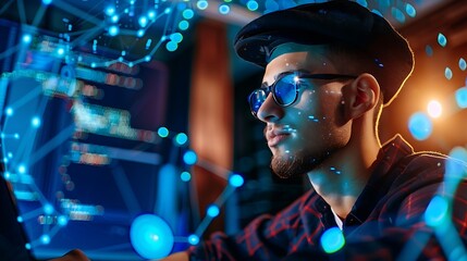 Fototapete - Young man wearing virtual reality goggles and a cap, sitting in front of a computer screen, looks thoughtfully ahead while working on a programming project.