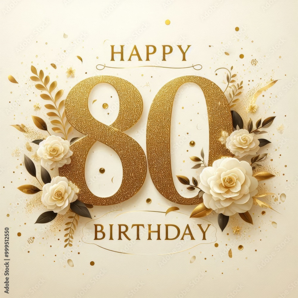 Elegant 80th birthday card design with gold lettering and floral ...