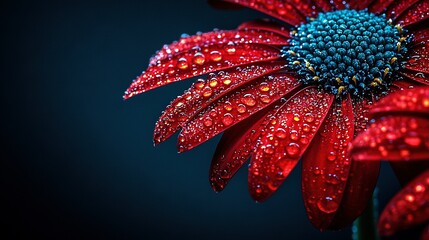 Sticker -   Red flower with water droplets on petals against dark blue backdrop