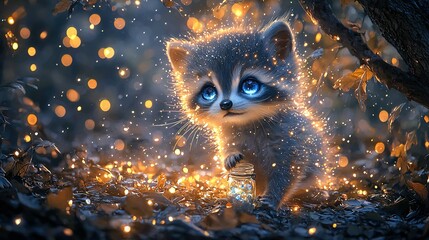 Sticker -   A small kitten with blue eyes is strolling through a forest illuminated by twinkling lights and shimmering stars above