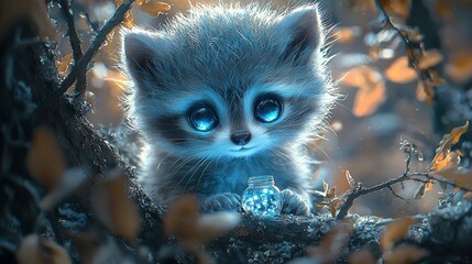 Sticker -   A tiny kitten with sapphire eyes perched on a branch, holding a light bulb between its teeth and gazing into the lens