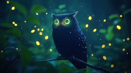 Wall Mural -   A black owl perched on a branch in a forest brimming with yellow fireflies, its eyes emanating an eerie glow