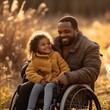 © Five Million Stock - Happy black african american disabled father in a wheelchair with daughter. Candid dad and child bonding in a nature. Father's Day concept banner. Interracial diverse family. AI generated