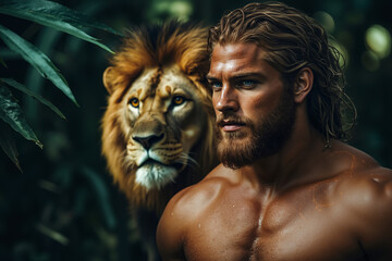 Canvas Print - A man with a beard standing next to a lion in the jungle