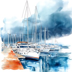 Wall Mural - Watercolor painting of sailboats docked at a marina.