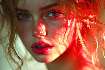 A close up of a woman with red hair and blue eyes