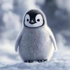 Poster -   A close-up of a tiny penguin on a snowy ground with clouds in the background, and a monochrome image of a newborn penguin