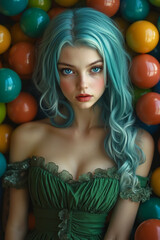 Canvas Print - A woman in a green dress surrounded by colorful balls