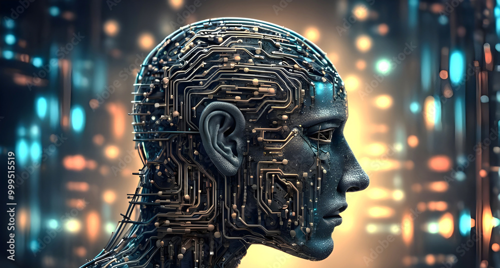Side profile of a human head with microchips interwoven into the brain ...