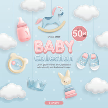 3d Baby and kid clothes and toy sale discount on blue background for the online post banner template, sales promotion, clearance store, social media, shop, poster, fair and expo. Vector illustration