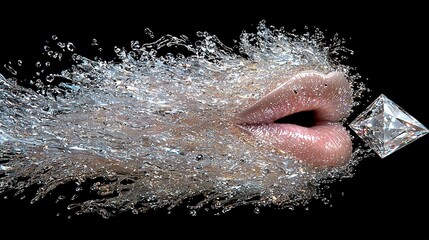 Wall Mural -   A diamond dangles from the corner of a person's lips as water droplets cascade onto their mouth