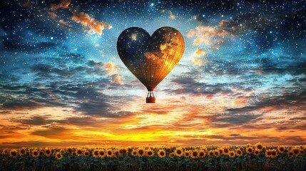 Poster -   A heart-shaped hot air balloon soars above sunflower fields at night, with the sky full of glistening stars