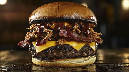   A close-up of a bacon cheeseburger on a table with a glass of beer in front of it