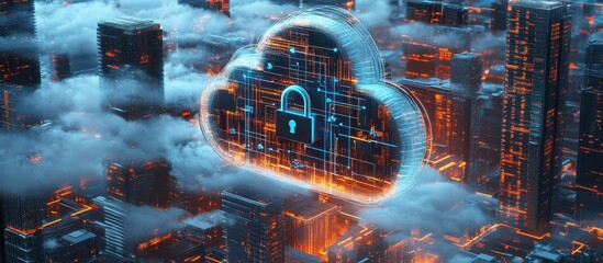 Wall Mural - Futuristic Cloud Computing Concept with Digital Security Lock in a Modern Cityscape