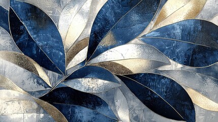 Sticker -   Blue and gold leaves on a white background, featuring silver and gold accents at the base