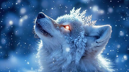   A close-up of a wolf's face with snowflakes on its fur and glowing red eyes