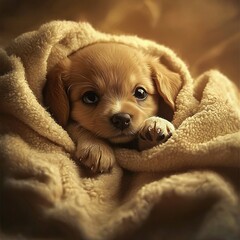 Canvas Print -   A brown dog lounges on a blanket over wood flooring beside a brown wall