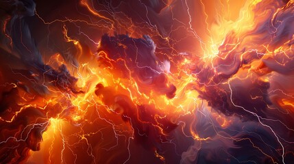 Poster - Abstract depiction of fiery lightning bolts merging with vibrant orange flames, blending into a surreal glowing background of hot colors