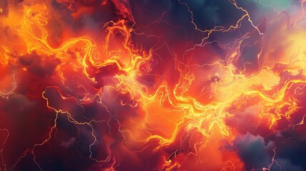 Poster - Abstract depiction of fiery lightning bolts merging with vibrant orange flames, blending into a surreal glowing background of hot colors
