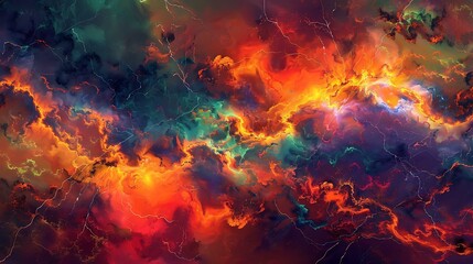 Poster - Abstract depiction of fiery lightning bolts merging with vibrant orange flames, blending into a surreal glowing background of hot colors