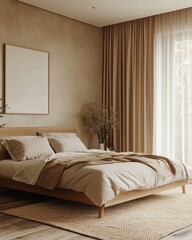 Poster - Minimalist bedroom with a wooden bed, brown curtains, a white duvet, and a woven rug.