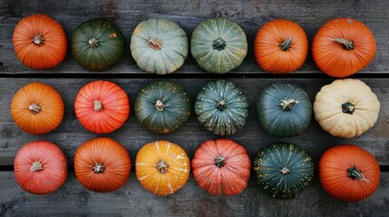 Canvas Print - Harvested pumpkins arranged on a wooden surface from above