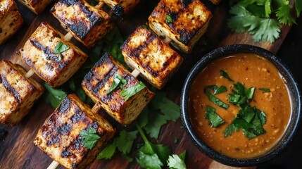 Grilled Tofu Skewers with Peanut Sauce and Fresh Cilantro on Wooden Board