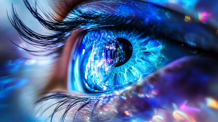 Poster - Blur is a concept that represents the future of technology in the field of cyber security with a background of blue eye and an abstract representation of high speed digital internet It show