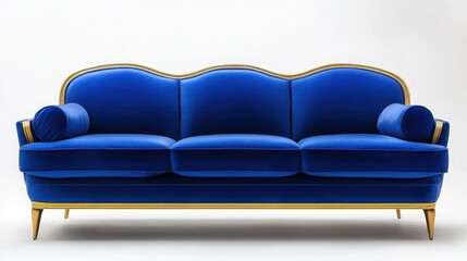 A royal blue velvet sofa with sleek gold accents on the legs and armrests, isolated on a white background 