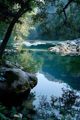 Wall Mural - Tranquil Forest River Reflection.