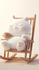 3d, cute chubby furry cat, satisfied expression, one eye open, other closed, lying in rocking chair, drinking hot tea, thinking about delicious fish, smooth white gradient background, cartoon style, 