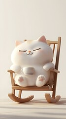 3d, cute chubby furry cat, satisfied expression, one eye open, other closed, lying in rocking chair, drinking hot tea, thinking about delicious fish, smooth white gradient background, cartoon style, 