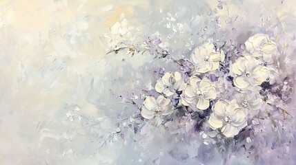 Wall Mural -   Painting of white flowers in a purple and white background, with a white bird soaring above