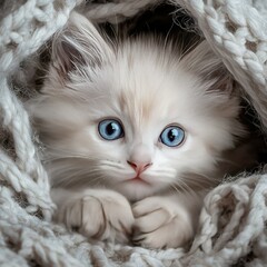 Wall Mural -   Small white kitten under knitted blanket, looking curious