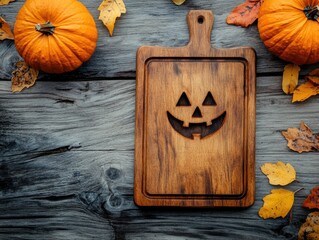 Wall Mural - Autumn themed flat lay with jack o lantern and empty cutting board on wood