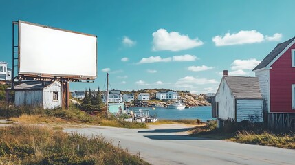 A white billboard located in a quaint coastal town, with charming houses and fishing boats visible in the background, under a sunny sky.