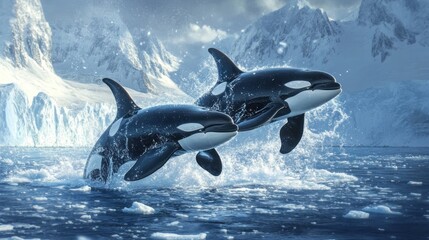 Two Killer Whales Leap into the Arctic Ocean