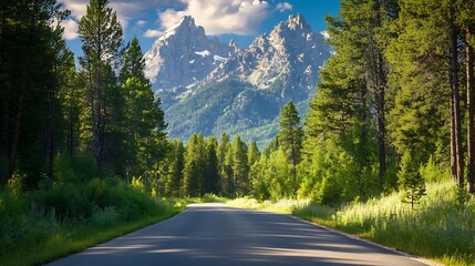 Wall Mural - Scenic Road Through a Lush Forest in the Grand Teton National Park