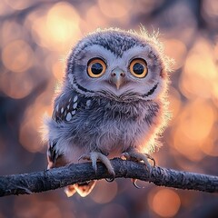 Poster -    a small owl perched on a branch, surrounded by out-of-focus trees, with a sharp focus on its eyes