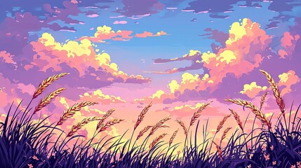 Sticker -   A painting of a sunset with clouds in the sky, grass in the foreground, and a blue sky with clouds in the background